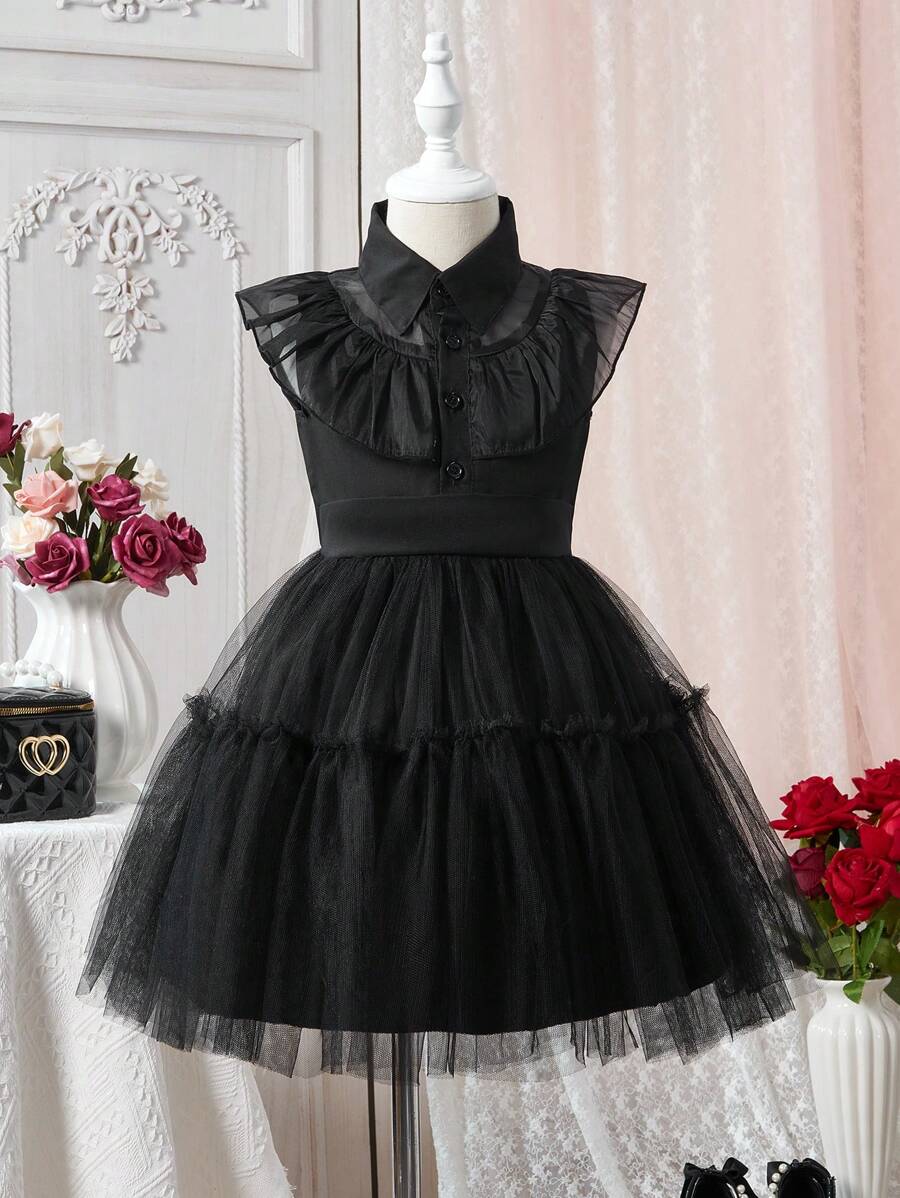 SHEIN Glamorique Kids Young Girl/ Young Girls' Black Lapel Mesh Dress, Dark Style Suitable For Halloween, Parties, And Daily Wear,Occasion Wear,Holiday,Summer,Travel Summer Holiday