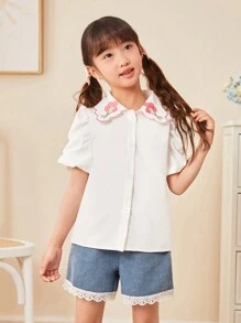 SHEIN 少女花卉刺繡泡泡短袖襯衫和牛仔短褲兩件套 - 白色 - 查看 5