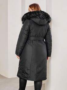 Astrid Plus Fuzzy Trim Hooded Padded Coat, For Winter - Black - View 2