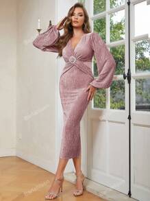 Women's Sexy Lantern Sleeve Twist Front Slit Hem Dress