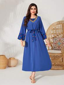Al Najma Flower Print Flared Sleeve Arabian Dress - Multicolor - View 4