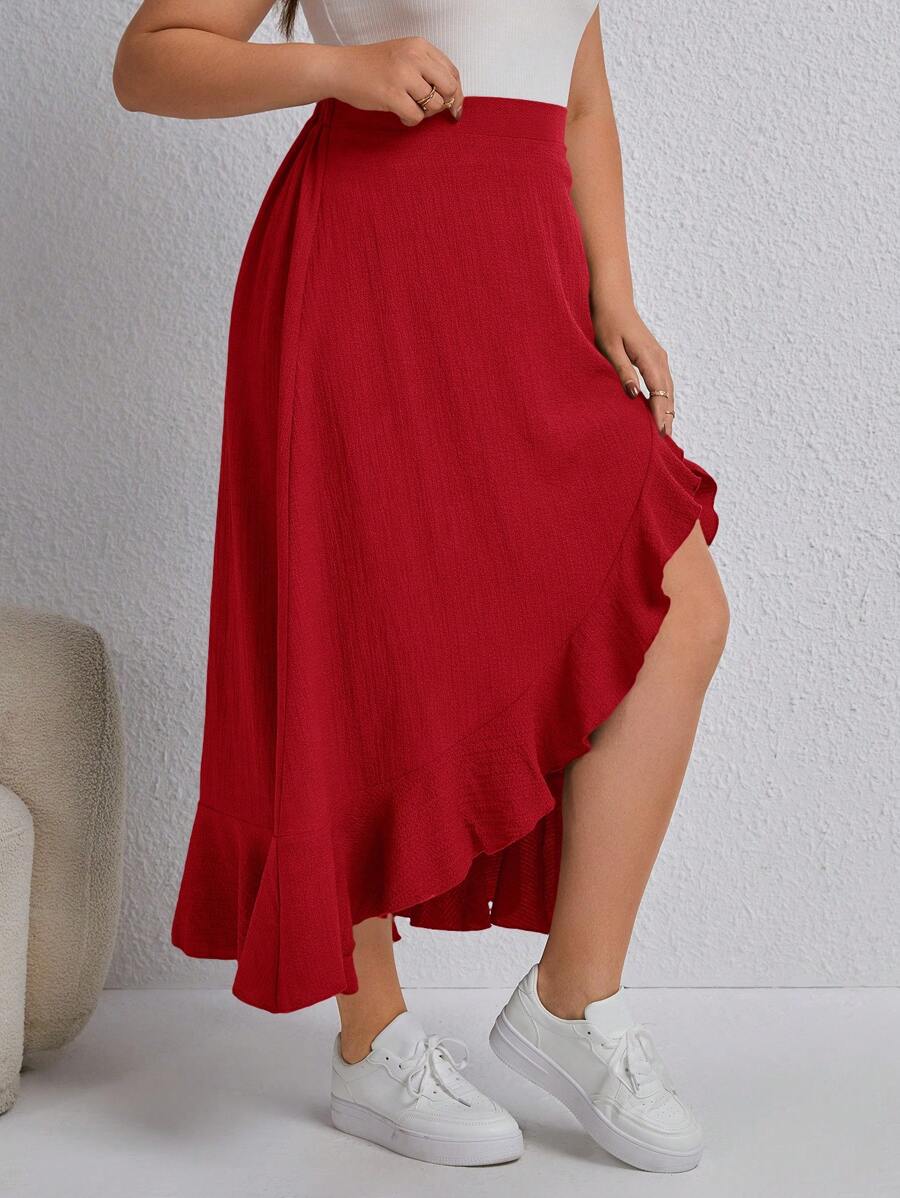 SHEIN LUNE Women's Plus Size Asymmetric Hem Skirt With Ruffle Detail - Red - View 1