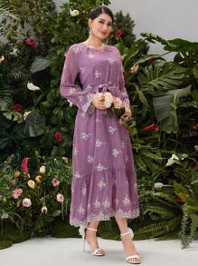 Seusyu Women's Embroidery Raglan Sleeve Ruffle Hem A-Line Dress - Purple - View 7