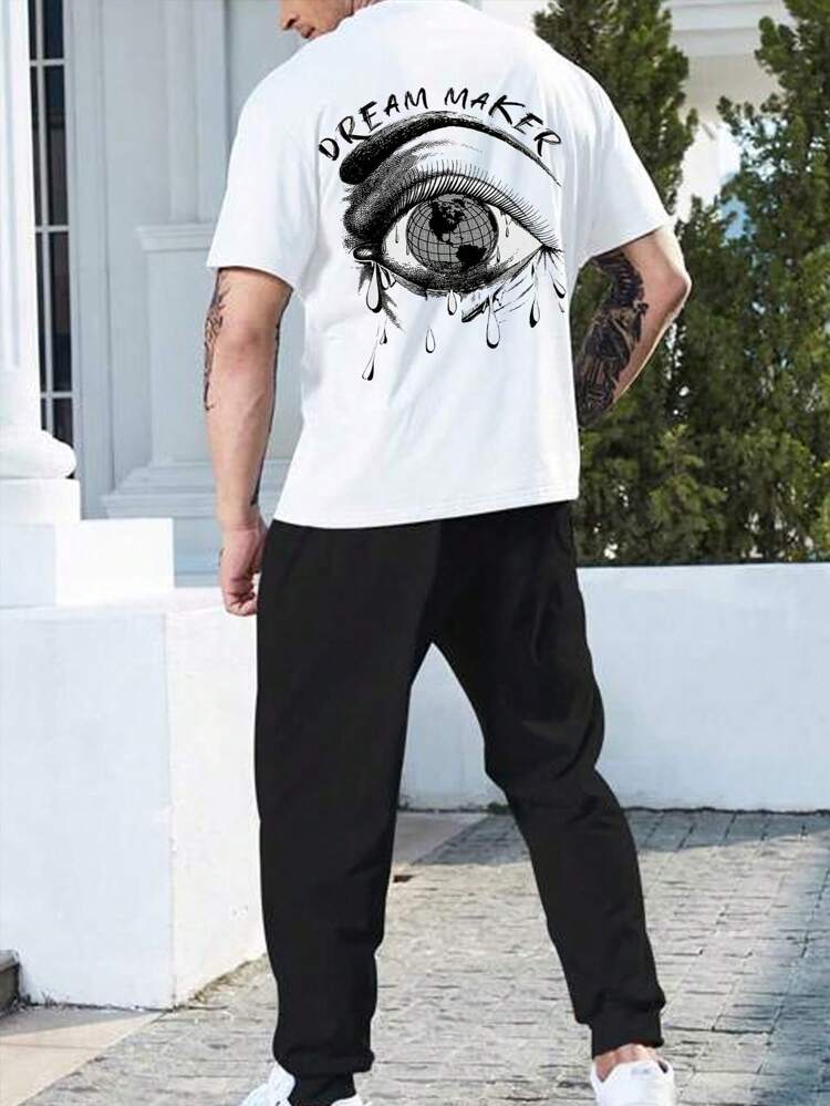Men's Plus Size Eye & Letter Printed Short Sleeve T-Shirt And Pants Set