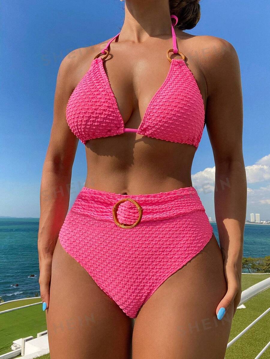 SHEIN Swim Conjunto de bikini de tiras para mujer, verano playa - Rosa Fucsia - Ver 1
