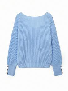 Suéter holgado de mujer con cuello en V y botones, jersey de punto acanalado versátil y ligero, azul