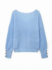 Women's Basic Oversized V Neck Button Sweaters Dressy Casual Lightweight Ribbed Knit Pullover Sweater Tops Blue