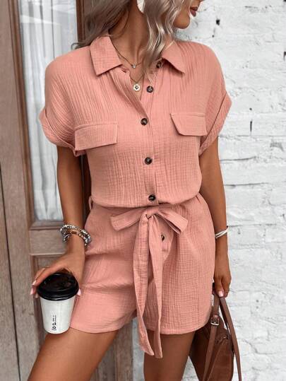 SHEIN LUNE Batwing Sleeves Belted Shirt Romper With Flap Detail