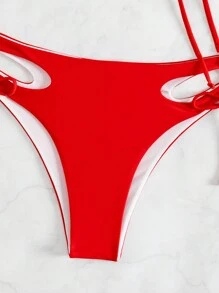 SHEIN Swim Summer Beach Coconut Tree & Letter Pattern Drawstring Side Bikini Set New Year - Red - View 3