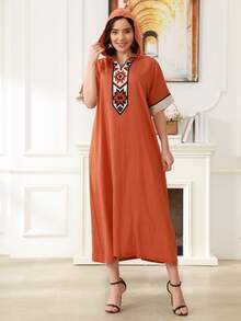 Women Geometric Pattern Hooded Elegant Arabic Dress - Orange - View 4