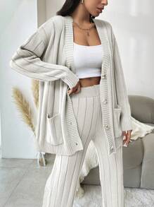 EURMUSE Women's Loose Fit Casual Solid Color Knit Sweater 2pcs/Set - Beige - View 3