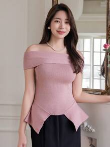 DAZY Effen kleur off-shoulder asymmetrische zoom sexy gebreide top, ruches