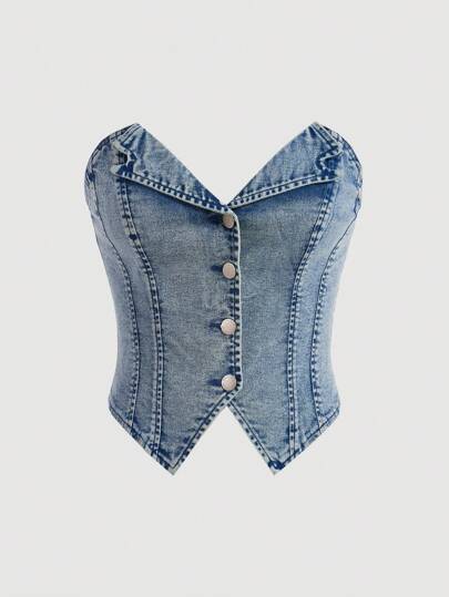 SHEIN MOD Top De Denim Retro Para Mujer Con Escote De Corazón Y Correas De Hombro Transparentes