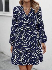 Chiquease Casual Lantern Sleeve Printed Dress Fall Cloth For Women - Royal Blue - View 5