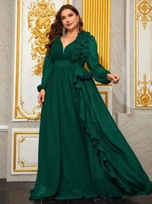 YISIKADO Đầm dạ hội thanh lịch cỡ lớn dành cho nữ, chất liệu chiffon, với ren 3D và tay áo phồng, cổ chữ V, thắt lưng, thích hợp cho tiệc cưới, lễ tốt nghiệp, tiệc tối, hoặc ngày Valentine mùa xuân. - Màu xanh lá cây đậm - Xem 5