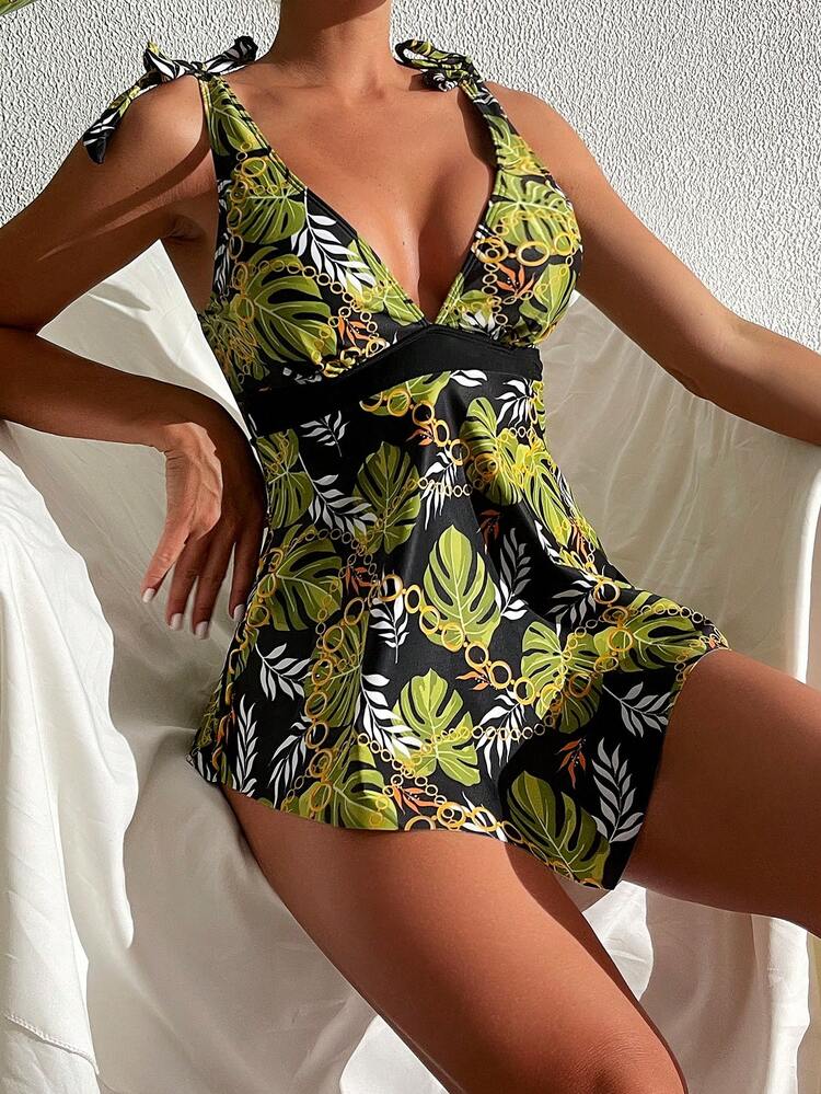 Summer Women's Chain Botanical Print Knot Shoulder Tankini