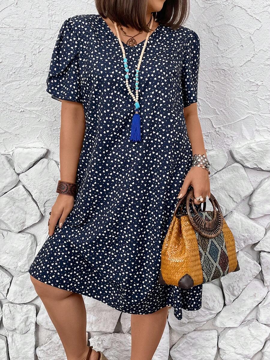 EMERY ROSE 大尺碼女式愛心和波點印花短袖泡泡裙 - 藏蓝色 - 查看 1