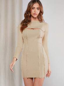 Hauture 女士纯色圆领长袖短款毛衣和针织连衣裙休闲两件套 - 杏色 - 查看 4