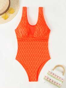 SHEIN Swim Bộ đồ tắm một mảnh cổ chữ V đi biển mùa hè màu cam cho nữ - Màu Cam san hô - Xem 7