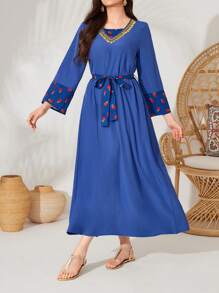 Al Najma Flower Print Flared Sleeve Arabian Dress - Multicolor - View 8
