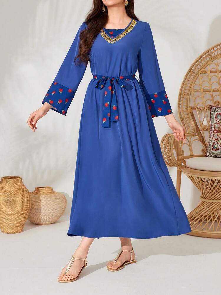 Flower Print Flared Sleeve Arabian Dress