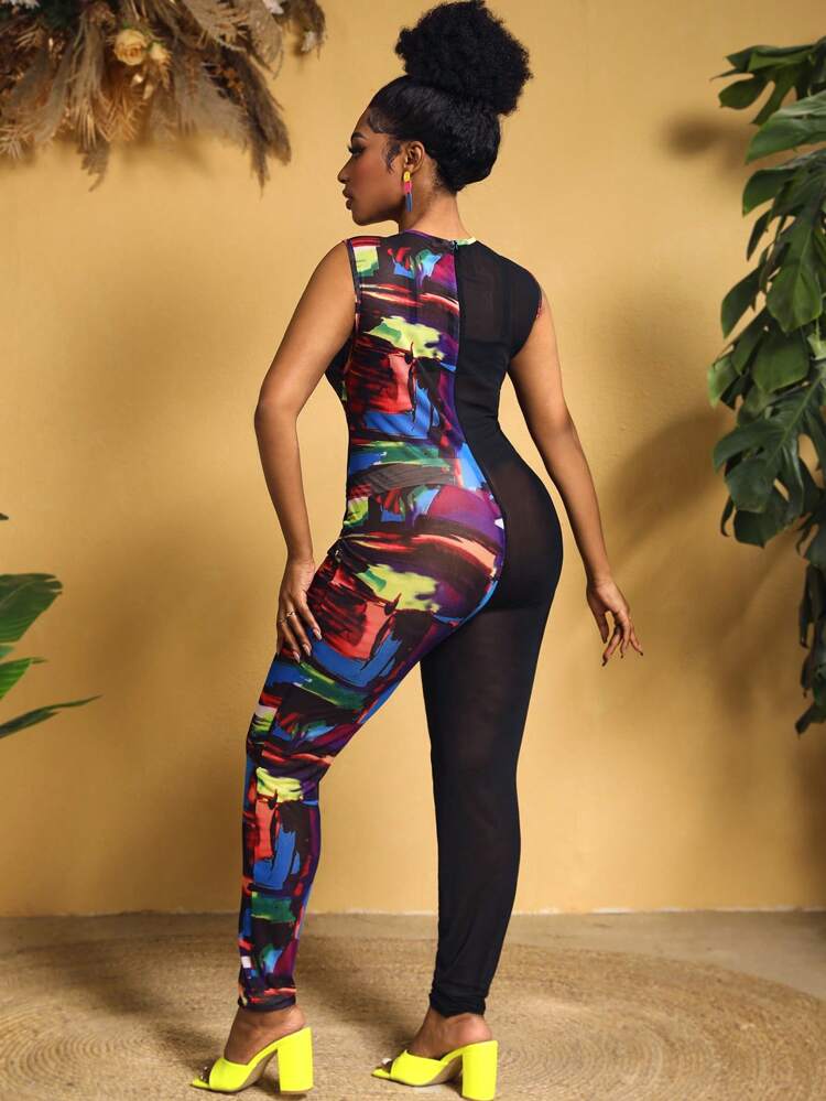 Plus Size Women's Hollow Out Printed Contrast Color Jumpsuit