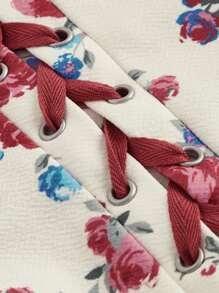 SHEIN MOD Women's Off-Shoulder Floral Printed Eyelet Lace-Up Top - Pink - View 4