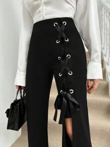 EURMUSE Comfort Fabric With Ribbon Detail Women Pants - Black - View 3