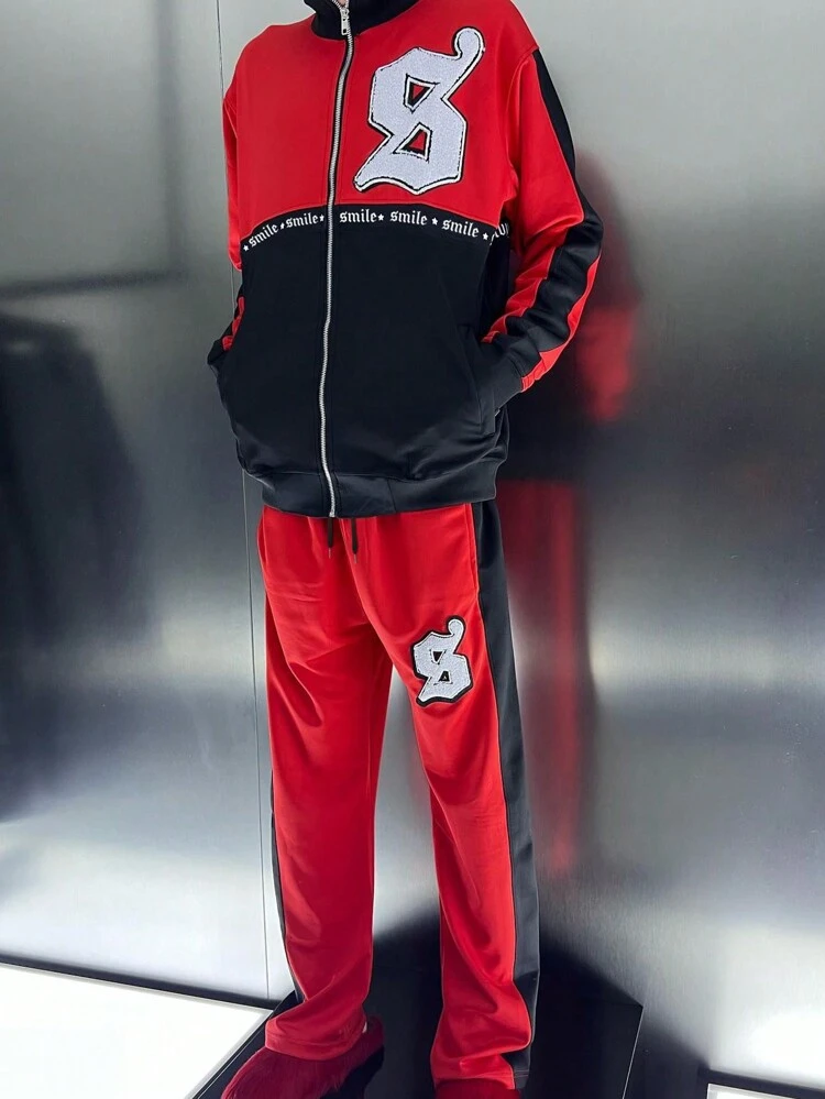 Aesthetic Post--Men's Letter Print Zipper Front Long Sleeve Top And Pants Two Pieces Set Track Suit