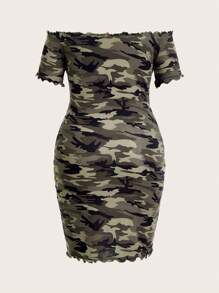 SHEIN EZwear CURVE 女士大碼迷彩印花露肩裙 - 彩色 - 查看 2