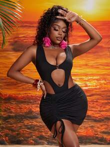 Slaydiva 性感露肚連身衣和抽繩低腰裙 - 黑色 - 查看 4