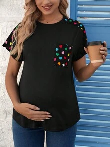 SHEIN Maternity Heart Printed Patchwork T-Shirt - Black - View 1