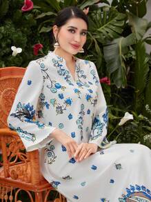 Al Najma Floral Pattern Notched Lapel Dress - White - View 7