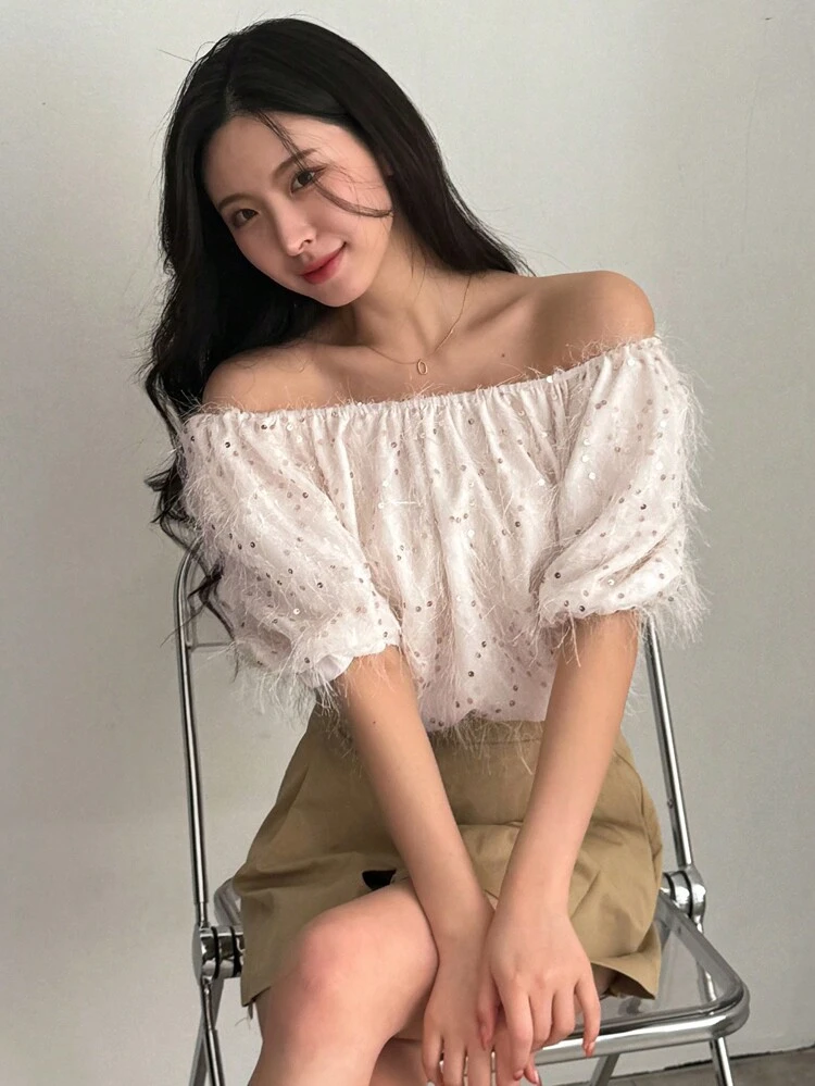 Women's Off Shoulder Sparkling Shirt,Ruffle
