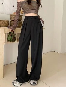 纯色高腰斜口袋西装裤（无腰带） - 黑色 - 查看 3