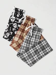 ROMWE Goth 3 cái/bộ Của phụ nữ Giải trí Kẻ sọc Sọ In hoa kỹ thuật số Quần thể thao Với Bowknot , Đen - Nhiều màu - Xem 1