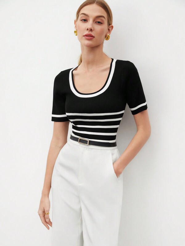 BizChic Women's Striped Short Sleeve Casual Knitted Top