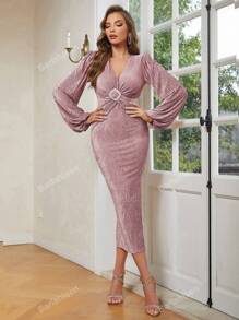 Women's Sexy Lantern Sleeve Twist Front Slit Hem Dress