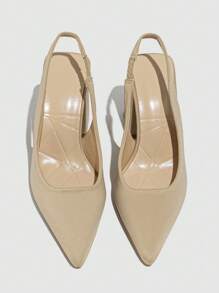 Women's Pointed Toe Chunky Heel Suede Pump With Back Strap Design, Beige,Elegant - Apricot - View 3