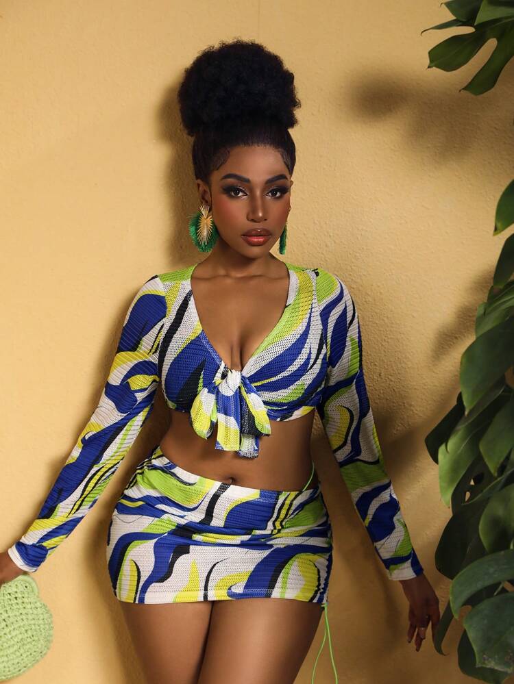 Plus Size Women's Holiday 3-Piece Set: Hollow-Out All-Over Print Tie Front Long Sleeve Cropped Top And Bodycon Mini Skirt