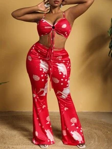 Slaydiva 大尺碼女士波點印花綁頸上衣和褶皺擴腳褲套裝 - 紅色 - 查看 1