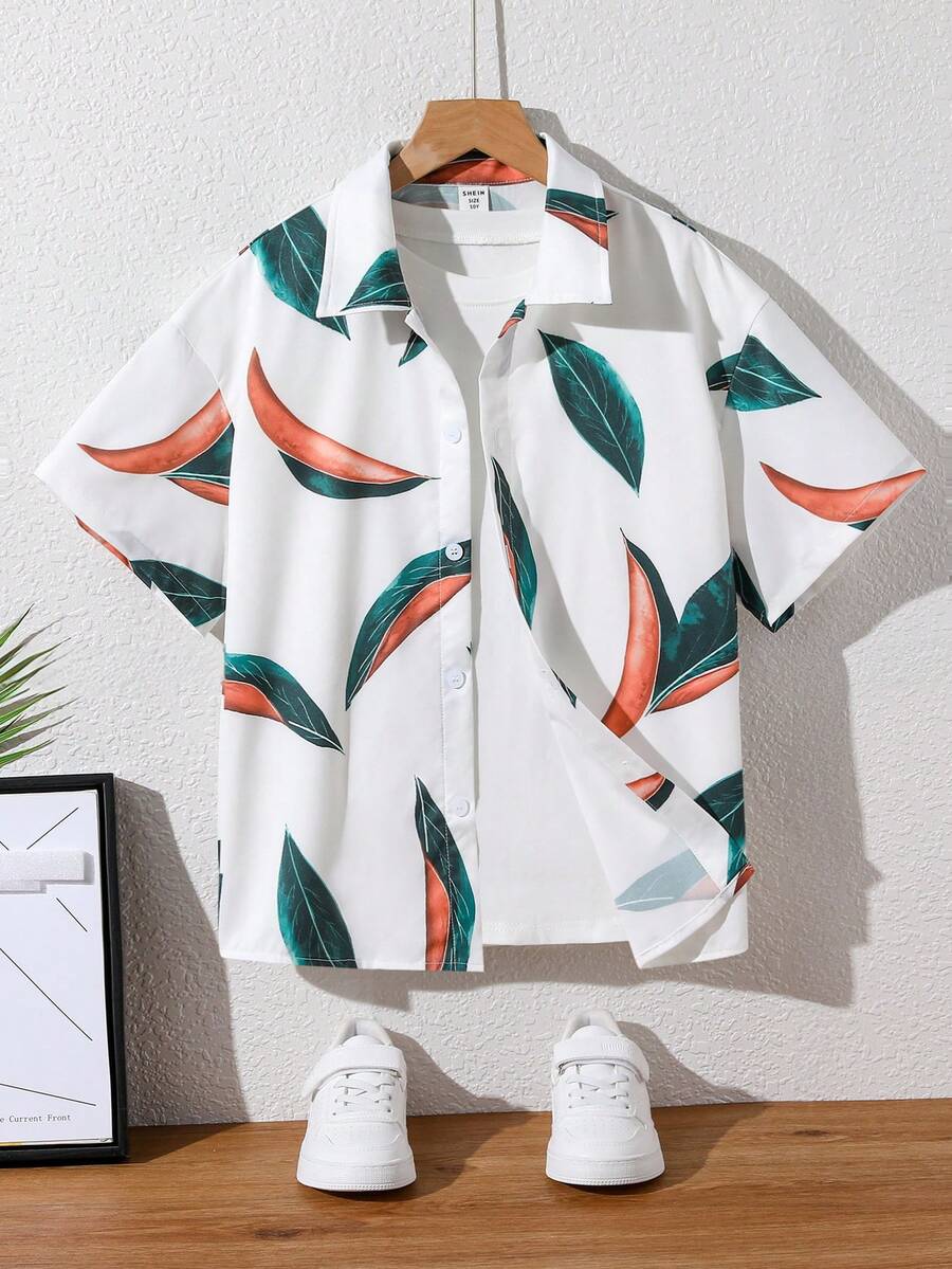 SHEIN Cậu bé Tween Giải trí Kỳ nghỉ Phong cách Ngắn tay Dệt Áo sơ mi Với Bản in lá & Cổ bẻ - trắng - Xem 1