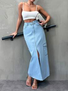 RueChic 女士牛仔分叉擺長裙,配破損邊修剪 - 中等水洗藍 - 查看 1