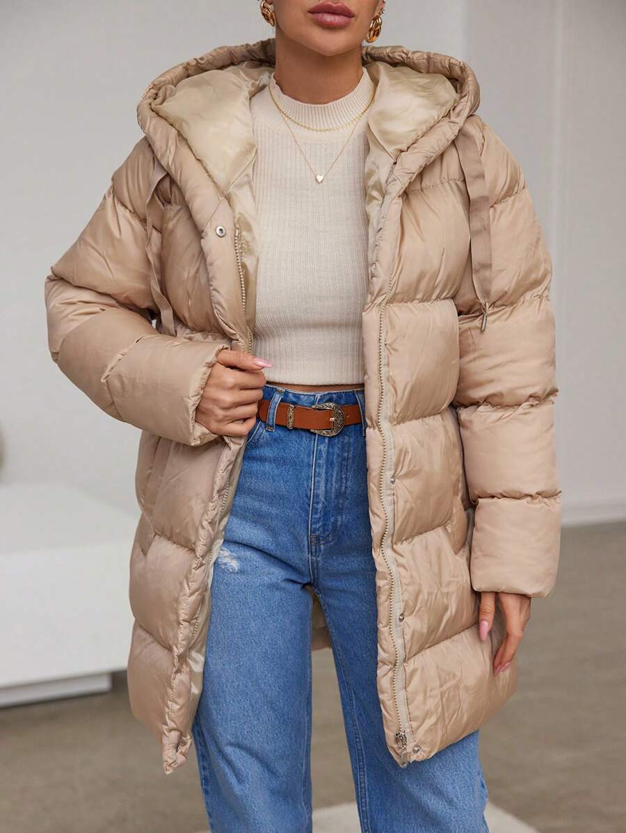 EURMUSE Solid Zip Up Hooded Puffer Coat - Khaki - View 1