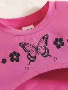 SHEIN 3入組少女蝴蝶圖案針織短袖t恤、針織純色背心和寬鬆針織短褲 - 玫紅色 - 查看 5
