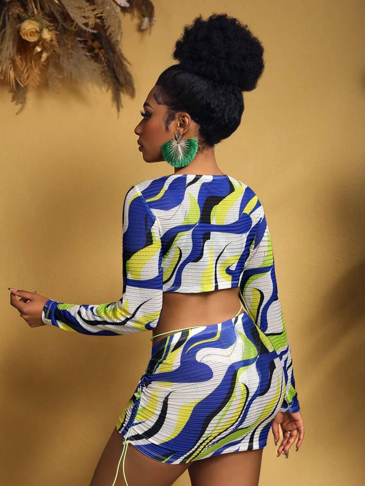 Plus Size Women's Holiday 3-Piece Set: Hollow-Out All-Over Print Tie Front Long Sleeve Cropped Top And Bodycon Mini Skirt