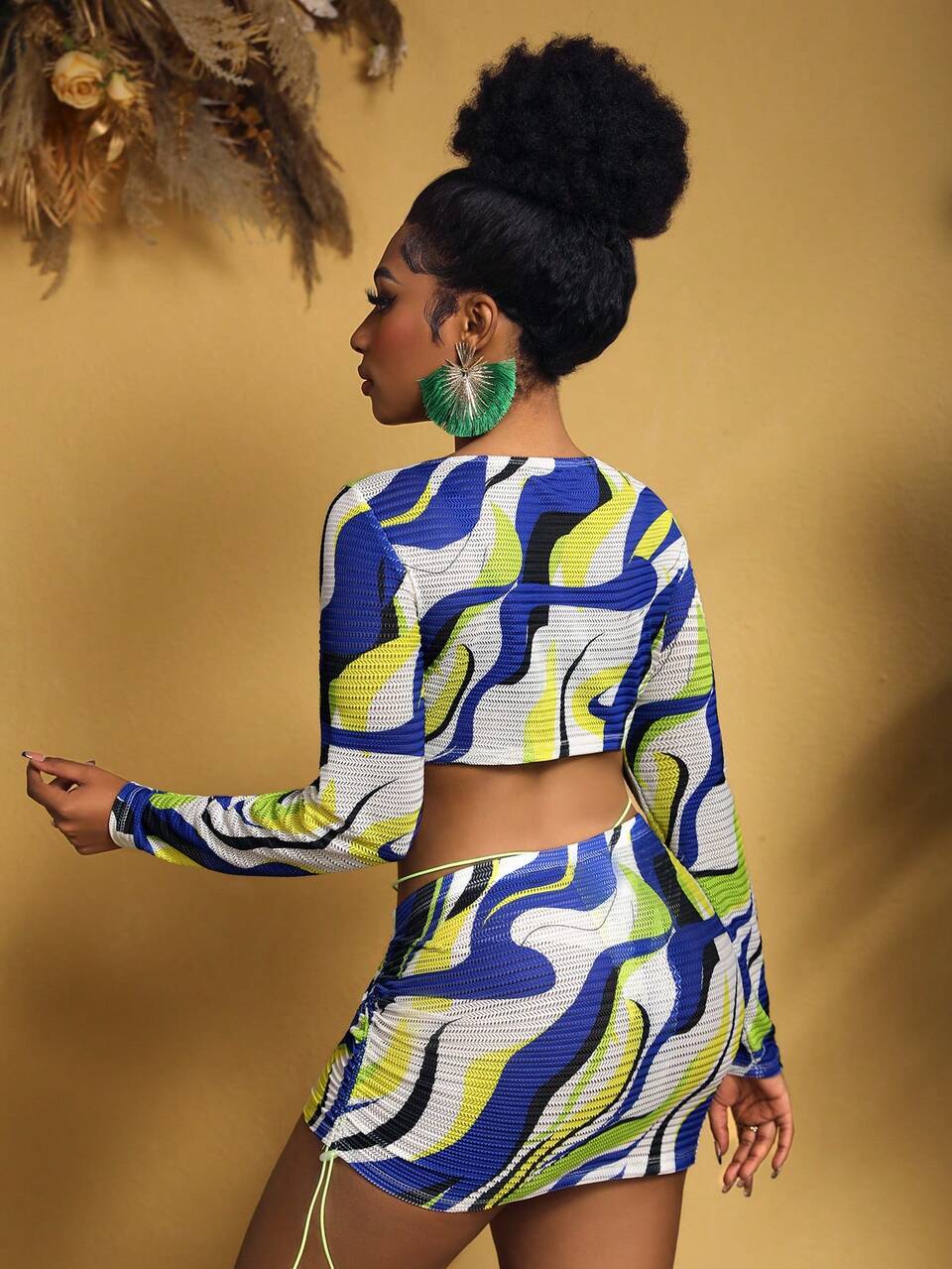 Plus Size Women's Holiday 3-Piece Set: Hollow-Out All-Over Print Tie Front Long Sleeve Cropped Top And Bodycon Mini Skirt