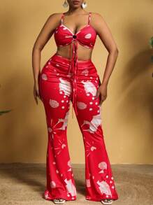 Slaydiva 大尺碼女士波點印花綁頸上衣和褶皺擴腳褲套裝 - 紅色 - 查看 4