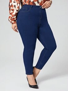 SHEIN Essnce Kích thước lớn Màu thuần Thon gọn Quần jean - Rửa tối - Xem 5