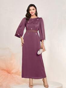 Al Najma Rhinestone Detail Kaftan - Red Violet - View 7